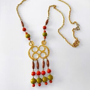 Gold Tone Chain Wood Bead Necklace